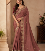 Chiku Color Beautiful Sequence embroidery work Rangoli Silk blend Saree