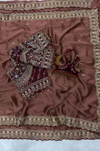 Chiku Color Beautiful Sequence embroidery work Rangoli Silk blend Saree