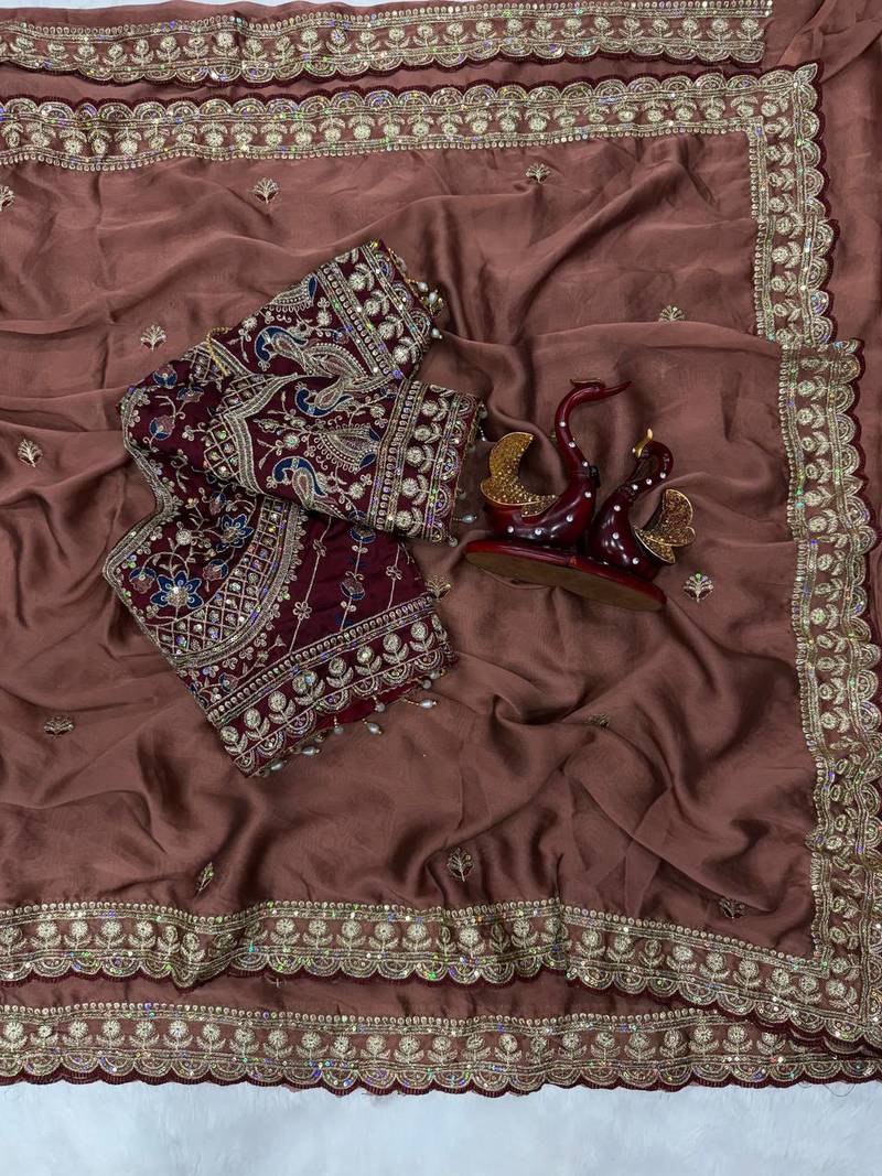 Chiku Color Beautiful Sequence embroidery work Rangoli Silk blend Saree