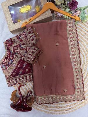 Chiku Color Beautiful Sequence embroidery work Rangoli Silk blend Saree 3