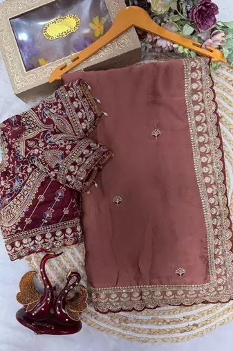 Chiku Color Beautiful Sequence embroidery work Rangoli Silk blend Saree