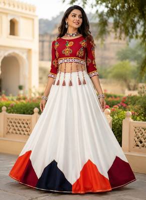 White Color Plain With Multicolored Color Traingle Kali Work Navratri Lehenga With Stitched Blouse 1
