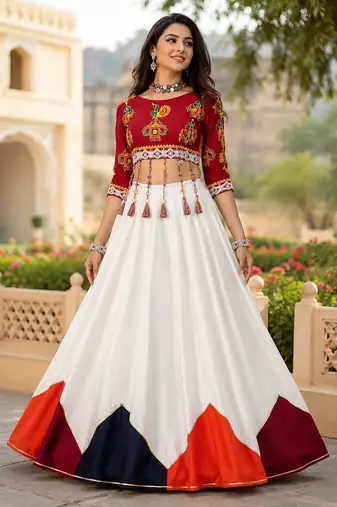 White Color Plain With Multicolored Color Traingle Kali Work Navratri Lehenga With Stitched Blouse