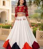 White Color Plain With Multicolored Color Traingle Kali Work Navratri Lehenga With Stitched Blouse
