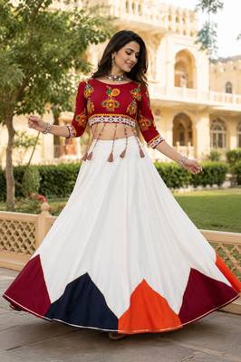 White Color Plain With Multicolored Color Traingle Kali Work Navratri Lehenga With Stitched Blouse 2