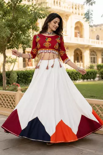 White Color Plain With Multicolored Color Traingle Kali Work Navratri Lehenga With Stitched Blouse