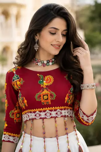 White Color Plain With Multicolored Color Traingle Kali Work Navratri Lehenga With Stitched Blouse