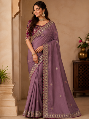 Onion Pink Color Beautiful Sequence embroidery work Rangoli Silk blend Saree 1