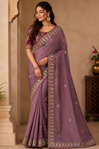 Onion Pink Color Beautiful Sequence embroidery work Rangoli Silk blend Saree