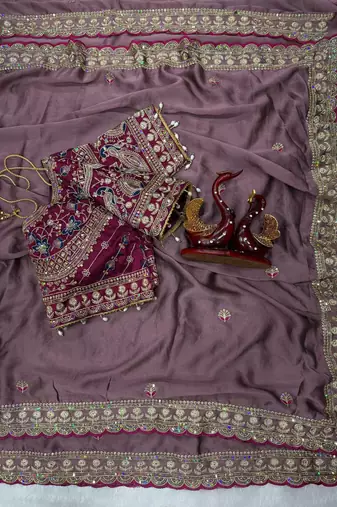 Onion Pink Color Beautiful Sequence embroidery work Rangoli Silk blend Saree