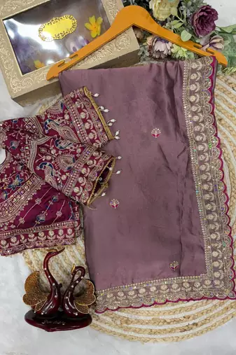 Onion Pink Color Beautiful Sequence embroidery work Rangoli Silk blend Saree