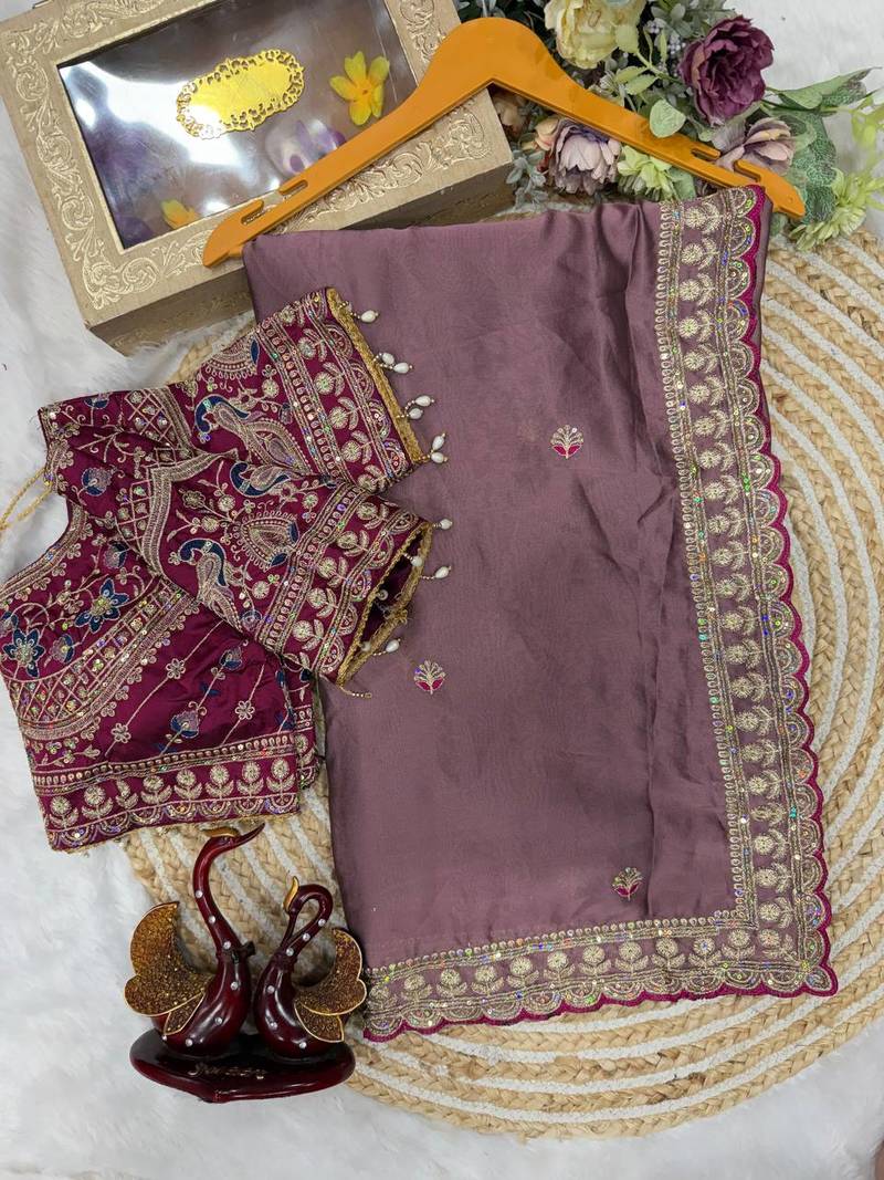 Onion Pink Color Beautiful Sequence embroidery work Rangoli Silk blend Saree