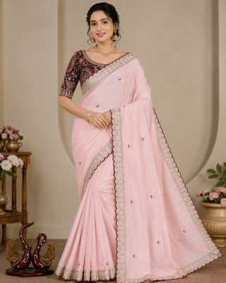 Pink Color Beautiful Sequence embroidery work Rangoli Silk blend Saree 1