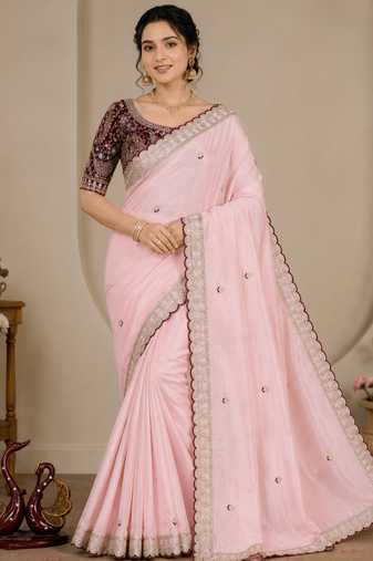 Pink Color Beautiful Sequence embroidery work Rangoli Silk blend Saree