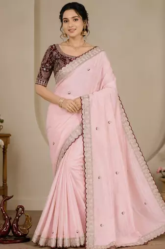 Pink Color Beautiful Sequence embroidery work Rangoli Silk blend Saree