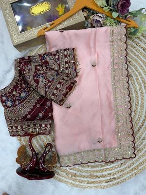 Pink Color Beautiful Sequence embroidery work Rangoli Silk blend Saree 4