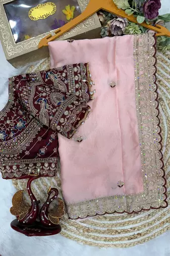 Pink Color Beautiful Sequence embroidery work Rangoli Silk blend Saree