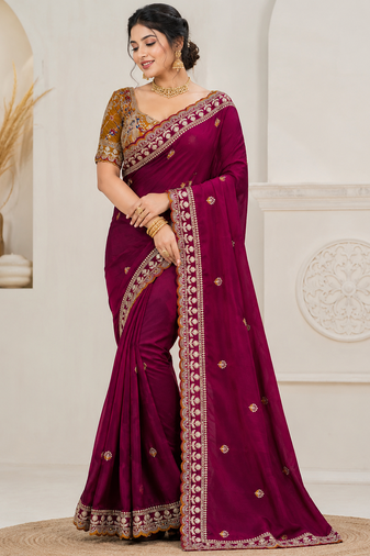 Plum Color Beautiful Sequence embroidery work Rangoli Silk blend Saree