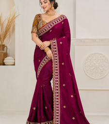 Plum Color Beautiful Sequence embroidery work Rangoli Silk blend Saree