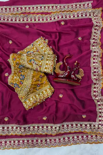 Plum Color Beautiful Sequence embroidery work Rangoli Silk blend Saree