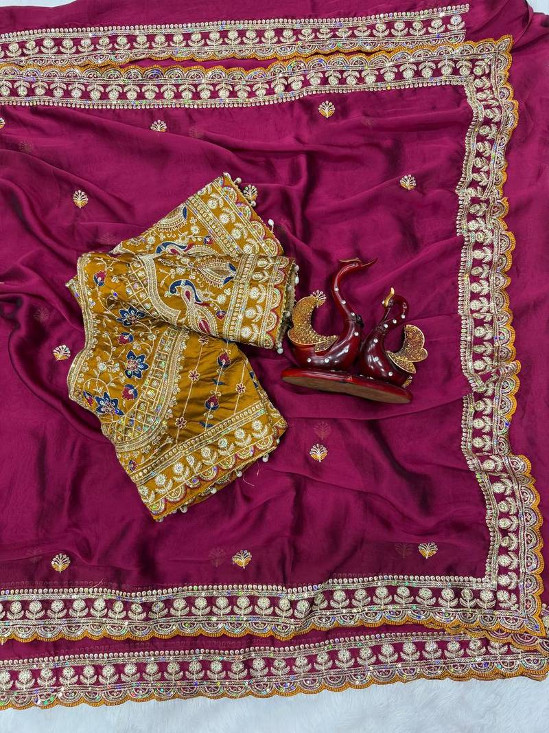 Plum Color Beautiful Sequence embroidery work Rangoli Silk blend Saree