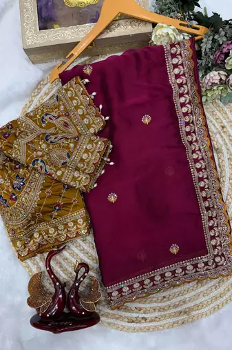 Plum Color Beautiful Sequence embroidery work Rangoli Silk blend Saree