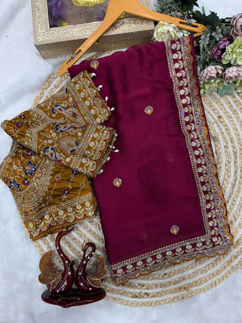Plum Color Beautiful Sequence embroidery work Rangoli Silk blend Saree