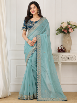 Sky Blue Color Beautiful Sequence embroidery work Rangoli Silk blend Saree 1