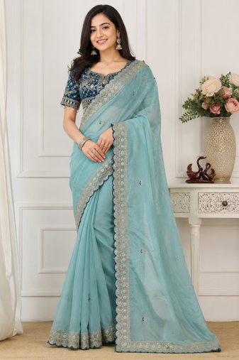 Sky Blue Color Beautiful Sequence embroidery work Rangoli Silk blend Saree
