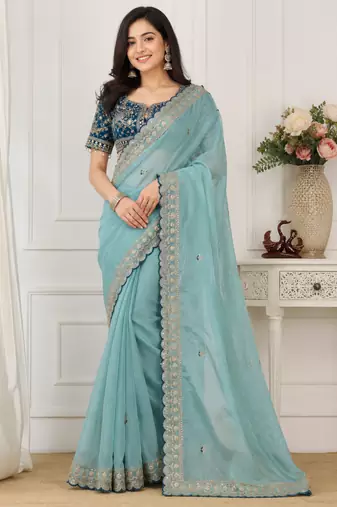 Sky Blue Color Beautiful Sequence embroidery work Rangoli Silk blend Saree