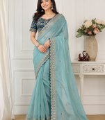 Sky Blue Color Beautiful Sequence embroidery work Rangoli Silk blend Saree