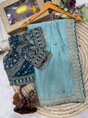 Sky Blue Color Beautiful Sequence embroidery work Rangoli Silk blend Saree 3