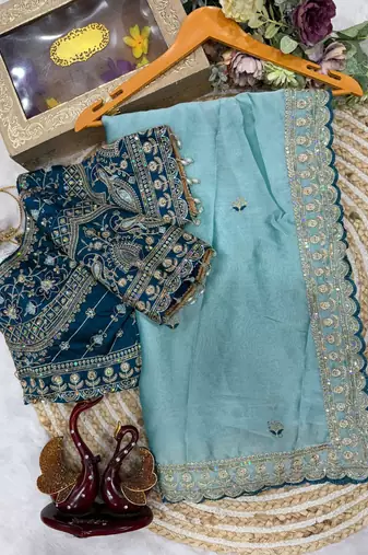 Sky Blue Color Beautiful Sequence embroidery work Rangoli Silk blend Saree