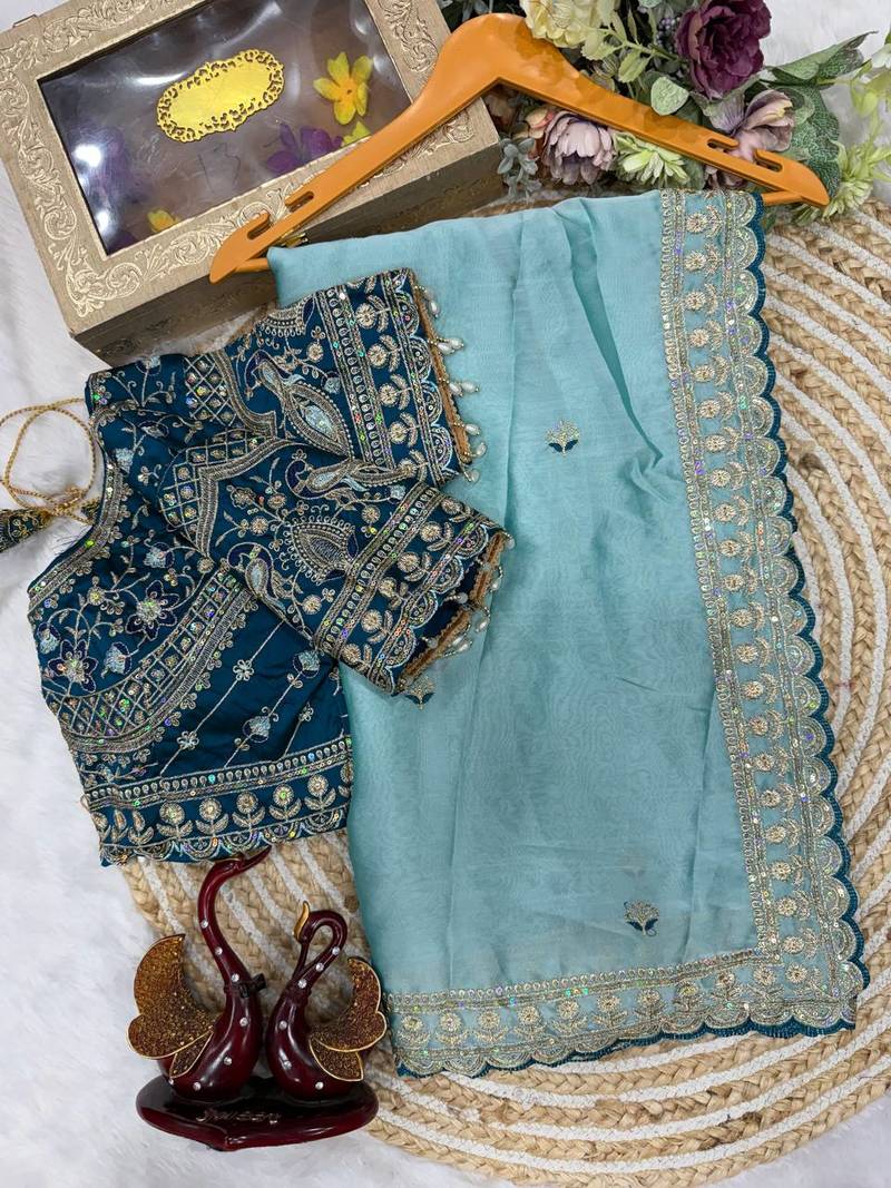 Sky Blue Color Beautiful Sequence embroidery work Rangoli Silk blend Saree
