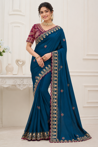 Teal Color Beautiful Sequence embroidery work Rangoli Silk blend Saree