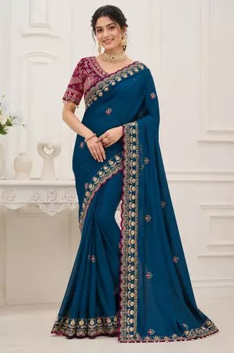 Teal Color Beautiful Sequence embroidery work Rangoli Silk blend Saree