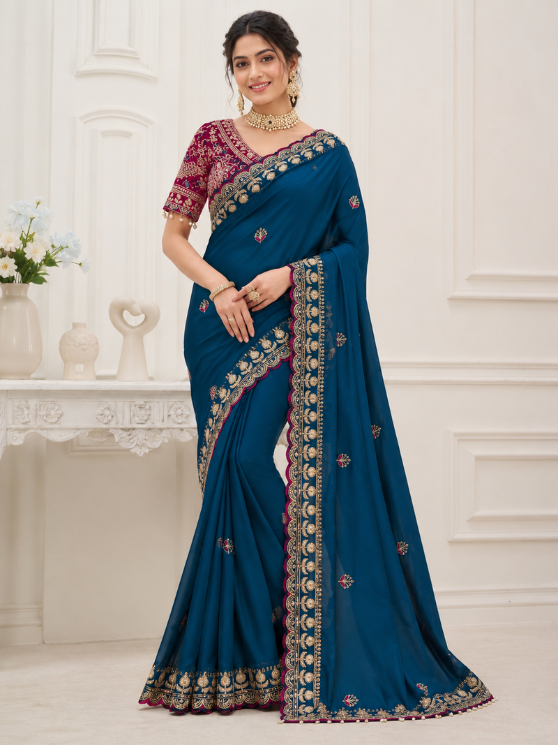 Teal Color Beautiful Sequence embroidery work Rangoli Silk blend Saree