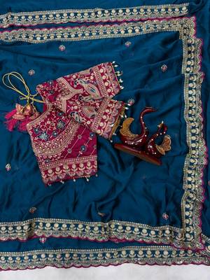 Teal Color Beautiful Sequence embroidery work Rangoli Silk blend Saree 2