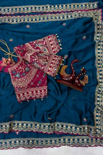 Teal Color Beautiful Sequence embroidery work Rangoli Silk blend Saree