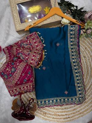 Teal Color Beautiful Sequence embroidery work Rangoli Silk blend Saree 3