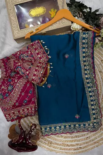 Teal Color Beautiful Sequence embroidery work Rangoli Silk blend Saree