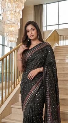 Black Color ajarakh Print And Real Mirror work Silk Blend Saree 1