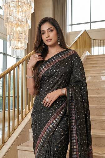 Black Color ajarakh Print And Real Mirror work Silk Blend Saree