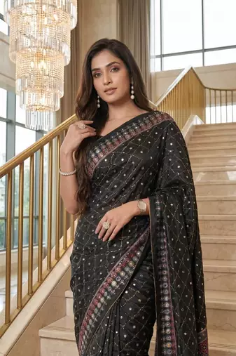 Black Color ajarakh Print And Real Mirror work Silk Blend Saree
