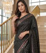 Black Color ajarakh Print And Real Mirror work Silk Blend Saree