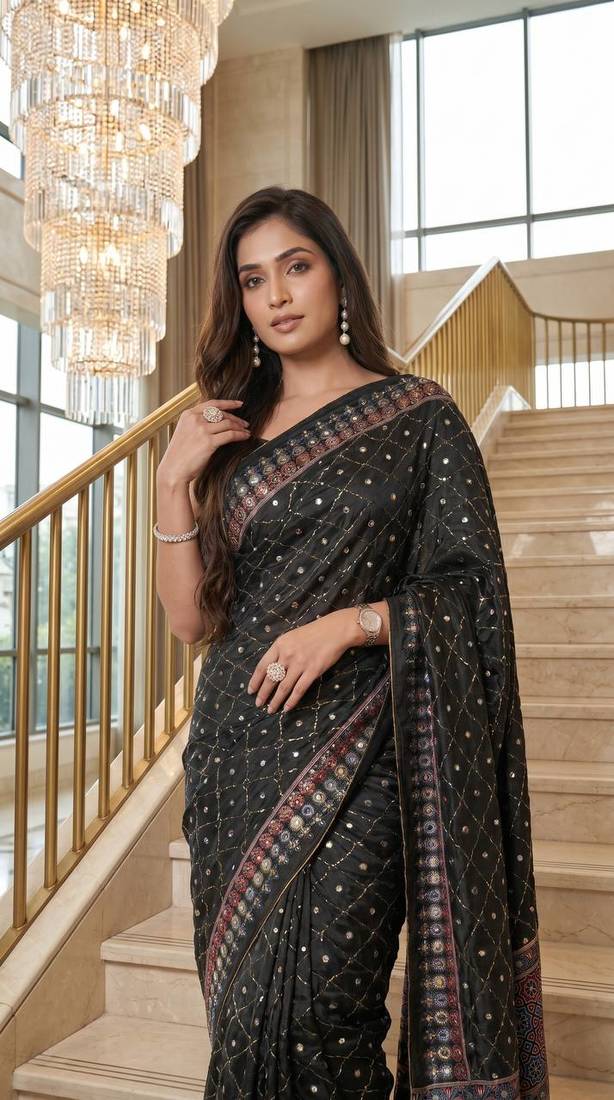 Black Color ajarakh Print And Real Mirror work Silk Blend Saree