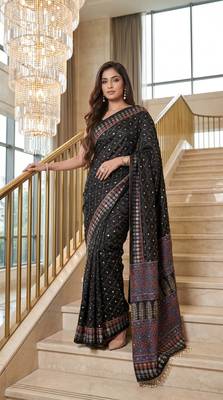 Black Color ajarakh Print And Real Mirror work Silk Blend Saree 2