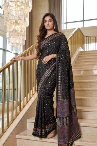 Black Color ajarakh Print And Real Mirror work Silk Blend Saree