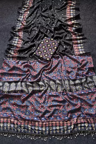 Black Color ajarakh Print And Real Mirror work Silk Blend Saree