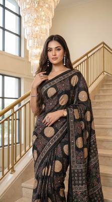 Black Color ajarakh Print And Real Mirror work Silk Blend Saree 1